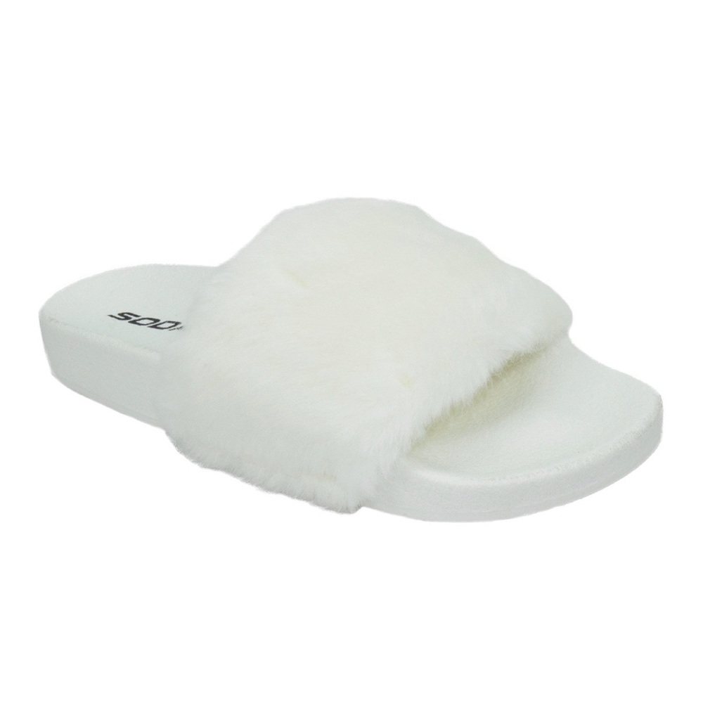Soda Faux Fur Womens White Slide Sandals